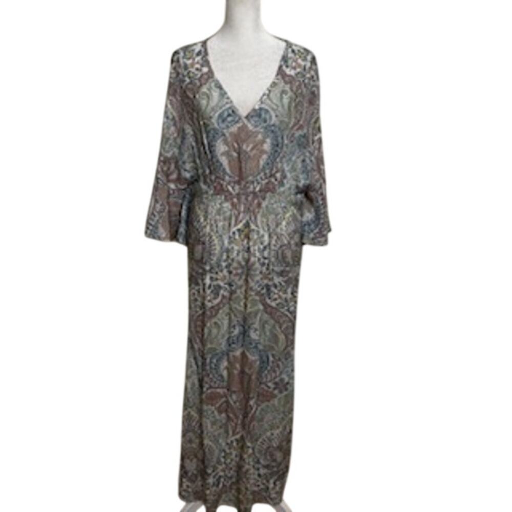 World Market Boho Maxi Dress Kimono Sleeve Paisley Print V Neck S/M Resort - Picture 2 of 9